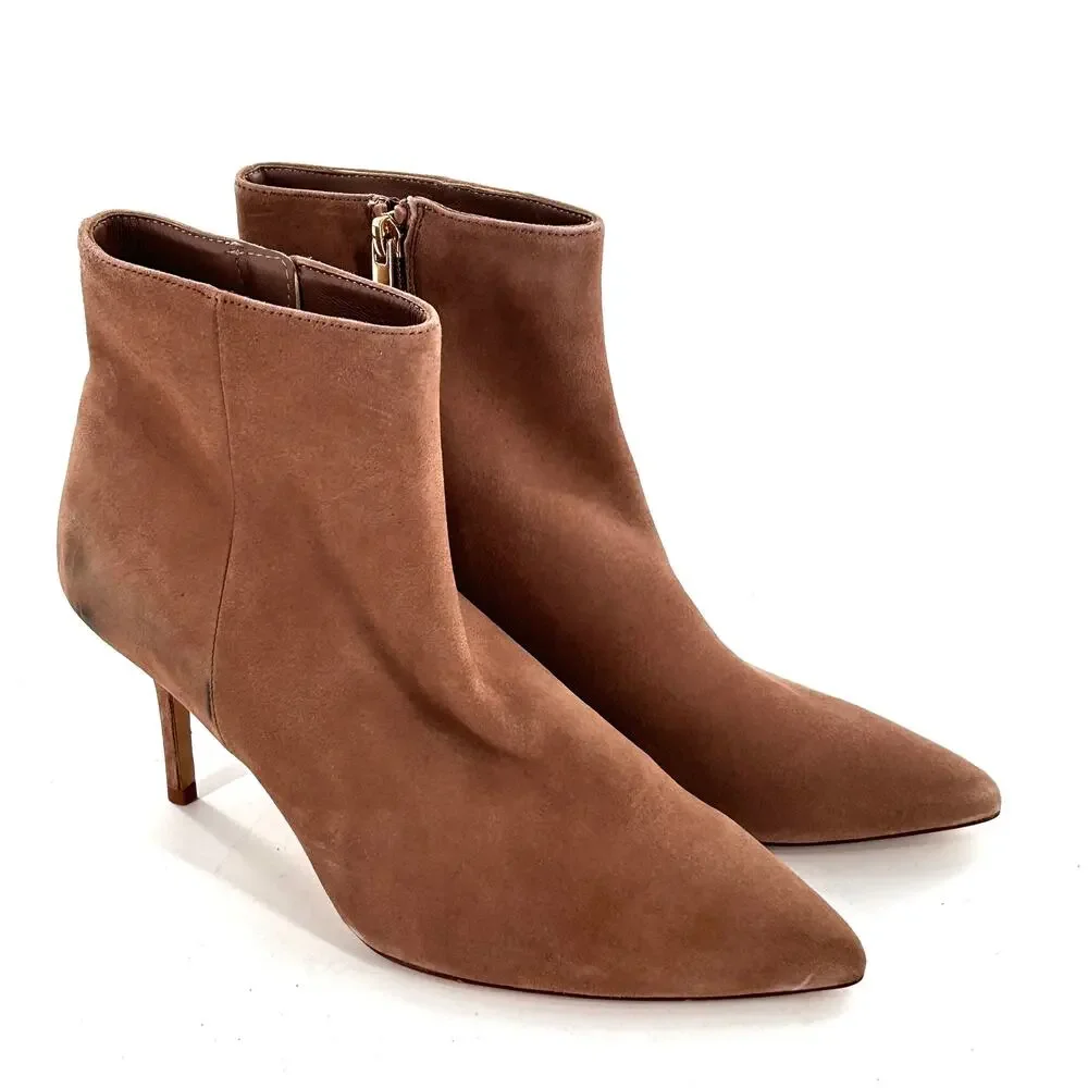 L’agence Aimee Brown Beige Suede Heeled Ankle Boots 10.5 41 Pointed Toe NWOT Tan